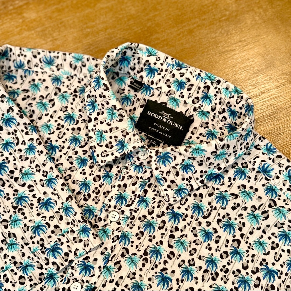 Rodd & Gunn Men’s Short Sleeve Button Down Cotton Palm Trees Blue/Wht/Blk Sz XXL